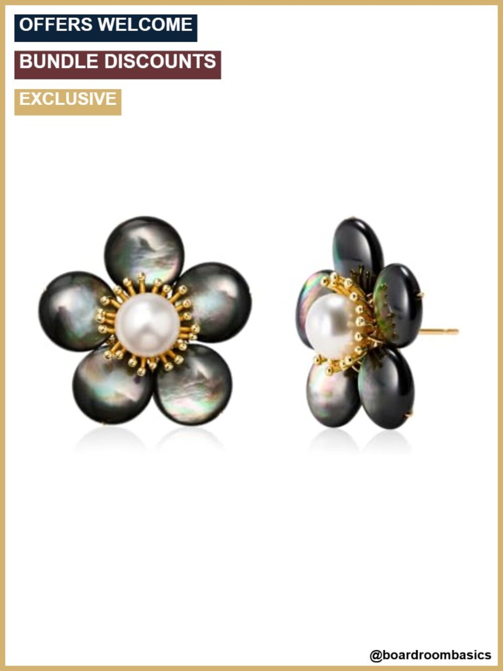 Camellia Black Shell Freshwater Pearl Stud Earrings